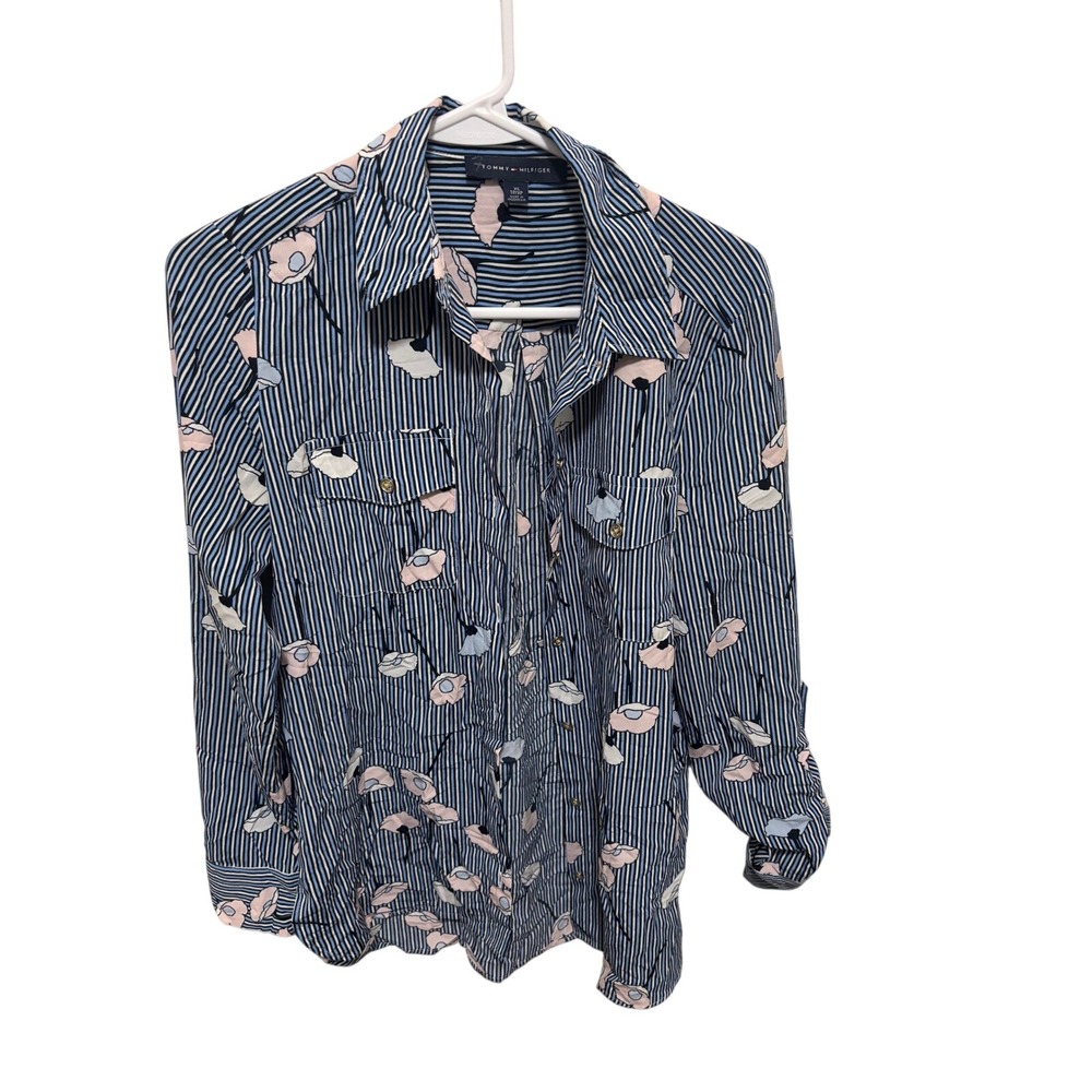 Tommy Hilfiger Women XS Blue Striped Floral Poppy Button Down Blouse Shirt
